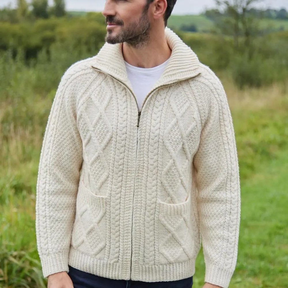 BLARNEY WOOLLEN MILLS ARANS - Hand-Knit Full Zip Aran Cardigan White Size 3XL - Picture 2 of 11